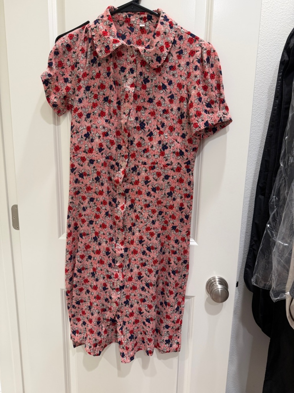 Rouje Pink Floral Button-Down Dress with Navy and Red Accents